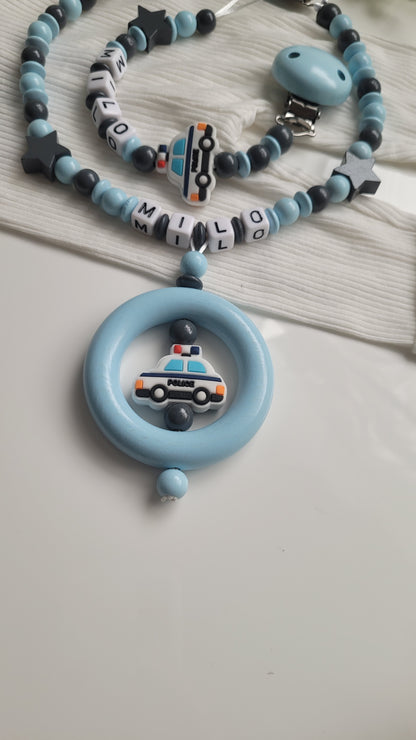 Kinderwagenkette & Schnullerkette mit Namen Polizei Auto blau
