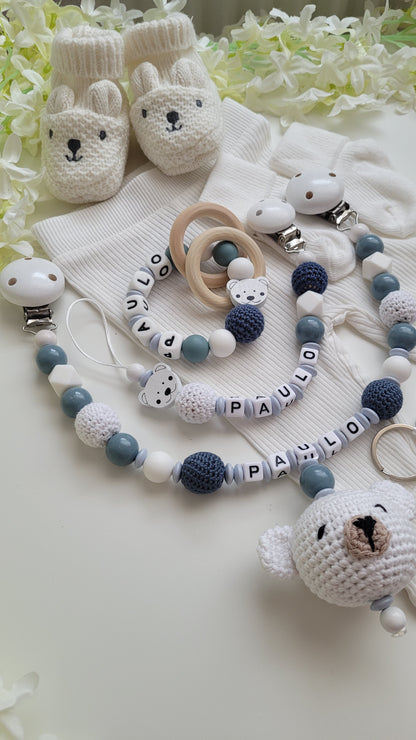 4 tlg Mega Komplett Set inkl. Schlüsselanhänger Bärchen graublau