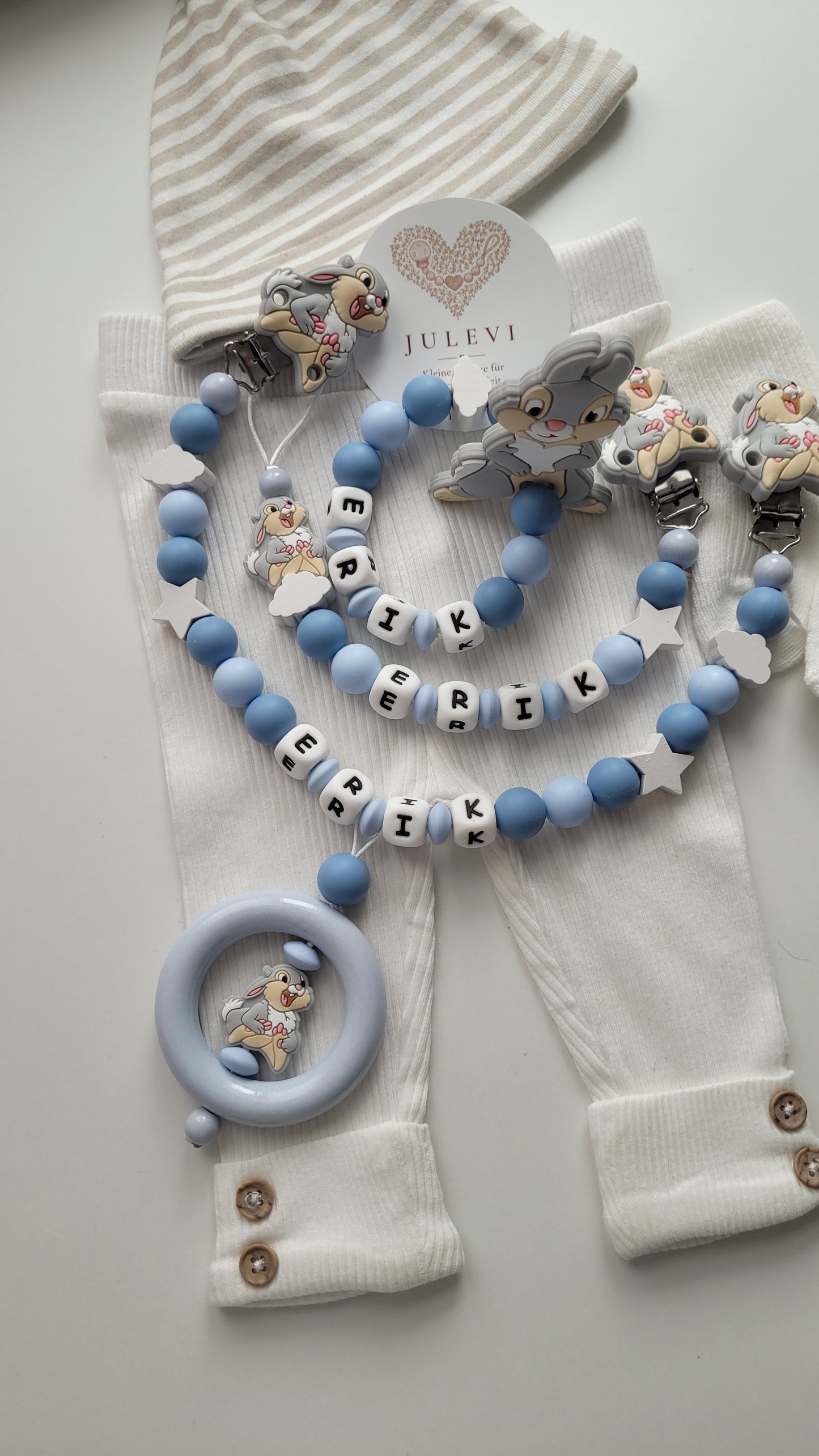3tlg Set Schnullerkette Kinderwagenkette Beissring mit Namen Hase Wolken Sterne blau | personalisiert