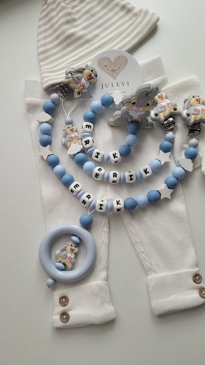 3tlg Set Schnullerkette Kinderwagenkette Beissring mit Namen Hase Wolken Sterne blau | personalisiert