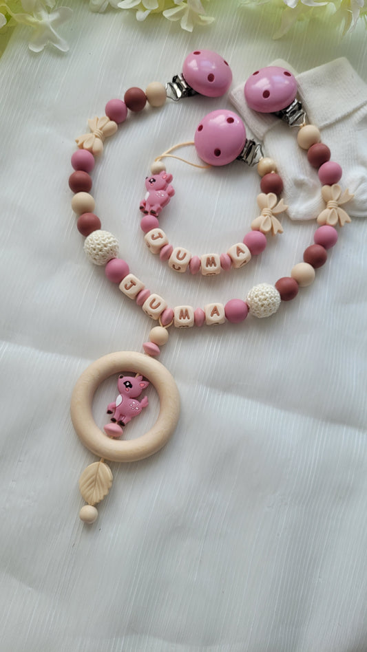 Kinderwagenkette & Schnullerkette mit Namen Rehe altrosa beige braun
