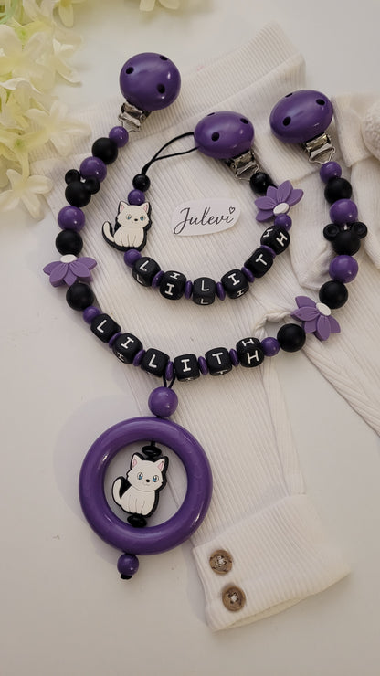 Kinderwagenkette & Schnullerkette mit Namen für Mädchen Katzen & Mäuse