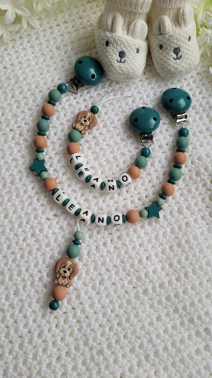 Kinderwagenkette & Schnullerkette Set Baby Hund für Jungen braun Salbei grün