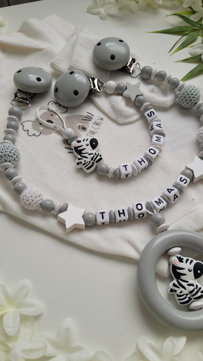Kinderwagenkette & Schnullerkette Set Zebra grau weiss