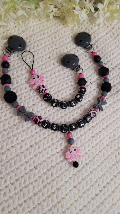 Kinderwagenkette & Schnullerkette mit Namen für Mädchen pink schwarz Elefant