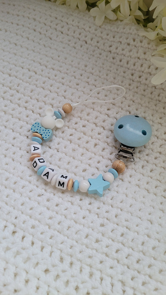 Schnullerkette mit Namen für Jungen Maus babyblau holz