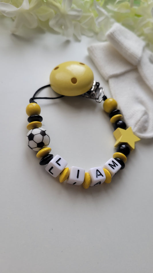 Schnullerkette mit Namen für Jungen Fussball schwarz gelb