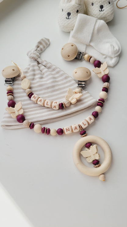 Kinderwagenkette & Schnullerkette mit Namen Schmetterling & Blatt bordaux beige braun