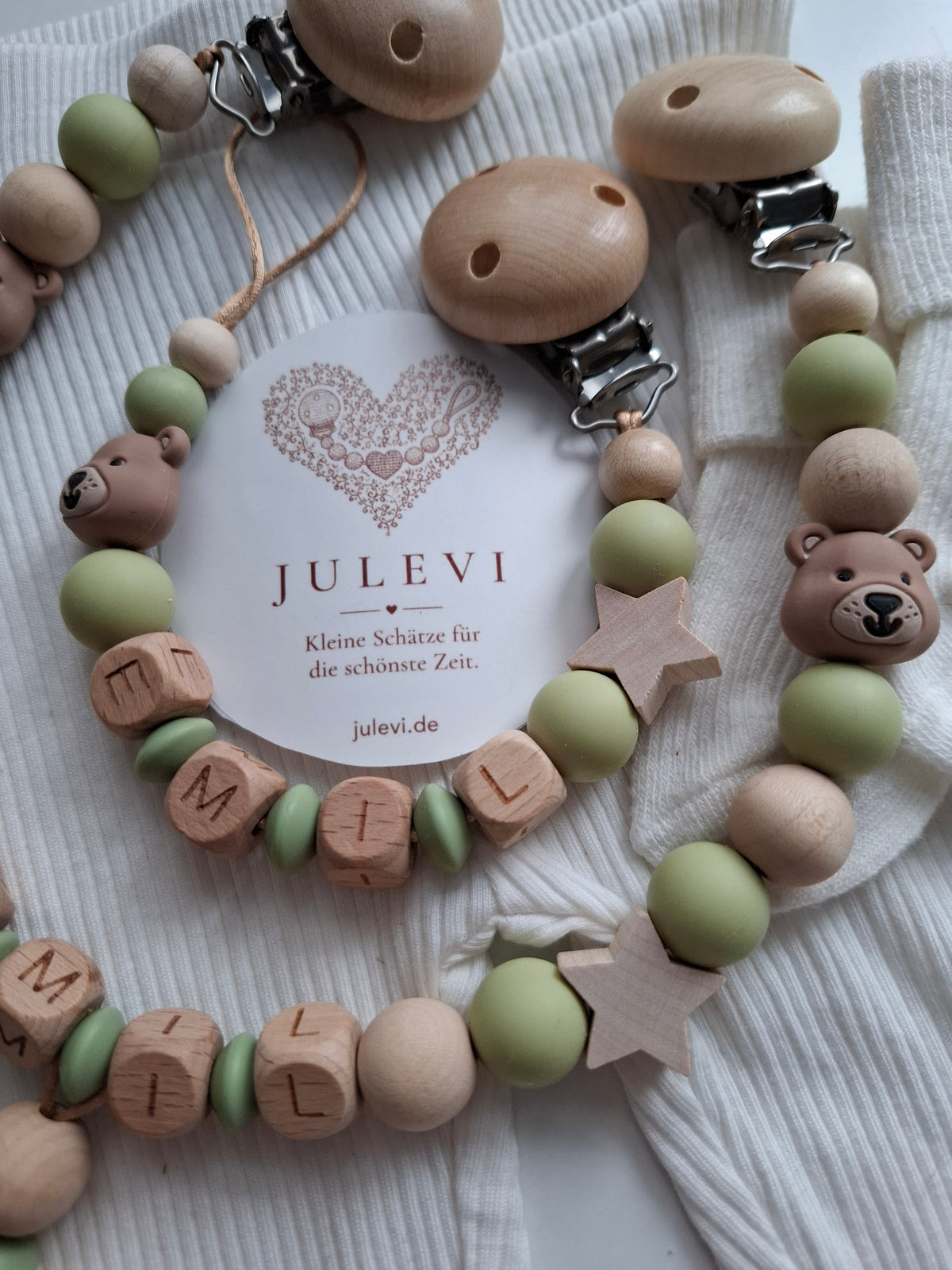 Kinderwagenkette & Schnullerkette Set mit Namen Bärchen grün holz beige Silikon Holz | personalisiert