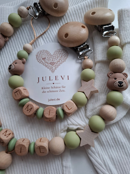 Kinderwagenkette & Schnullerkette Set mit Namen Bärchen grün holz beige Silikon Holz | personalisiert