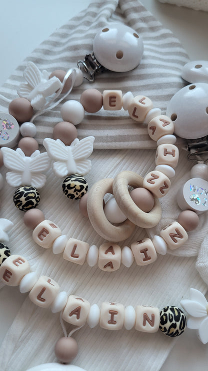 3er Set Schnullerkette Kinderwagenkette & Beissring mit Namen  Schmetterlinge leo weiss taupe