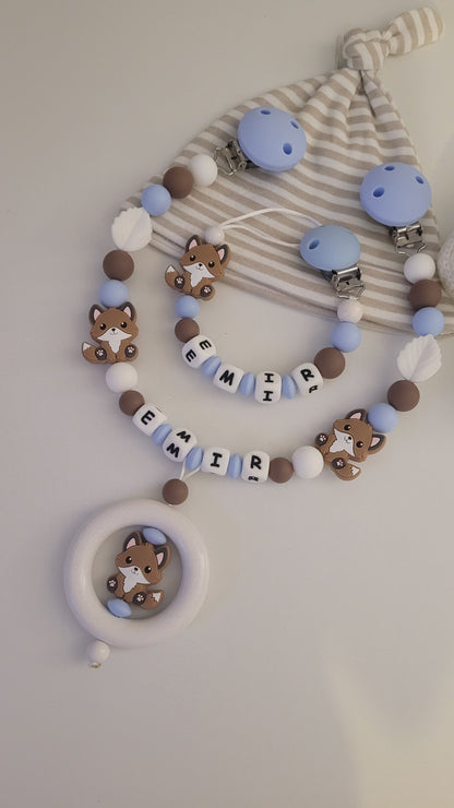 Kinderwagenkette & Schnullerkette Set Fuchs  für Jungen braun blau weiss