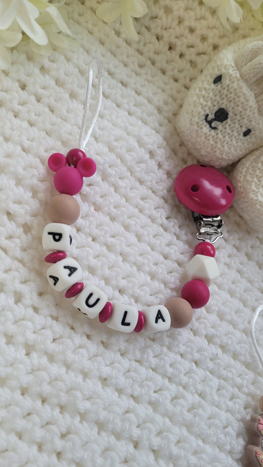 Silikon Schnullerkette Maus himbeere braun weiss