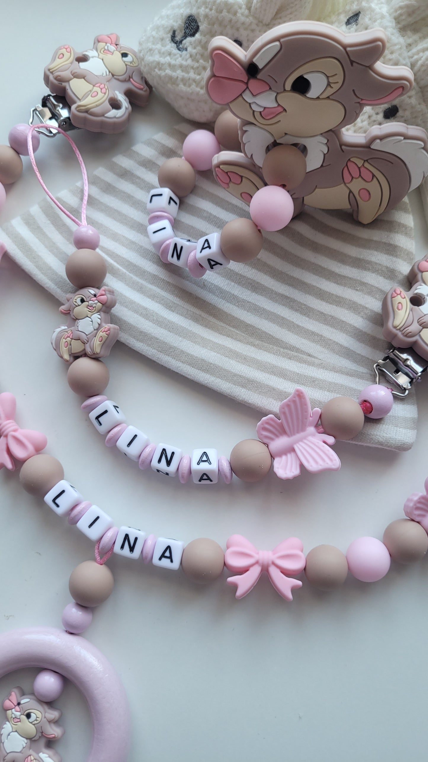 3tlg Set Schnullerkette Kinderwagenkette Beissring Hase Schmetterling rosa taupe