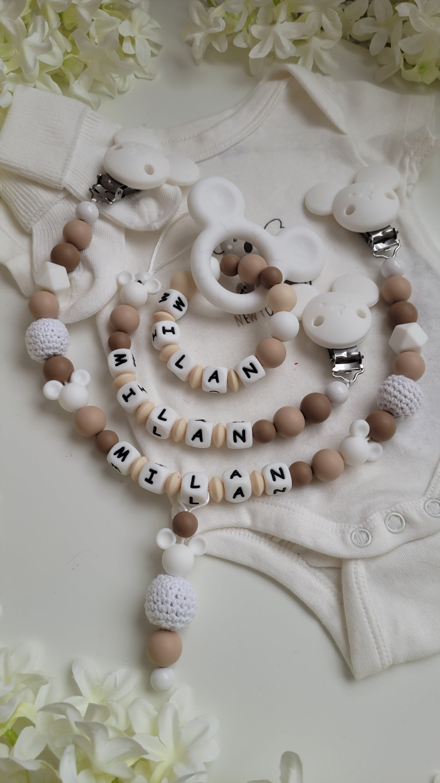 3tlg Set Schnullerkette Kinderwagenkette Greifling *Maus * beige weiss