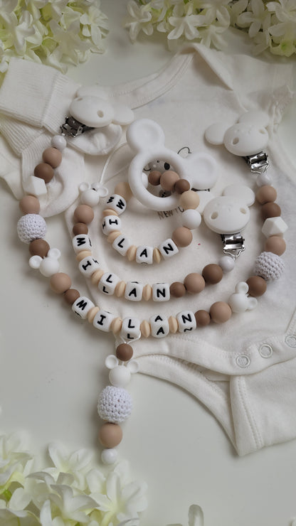 3tlg Set Schnullerkette Kinderwagenkette Greifling *Maus * beige weiss