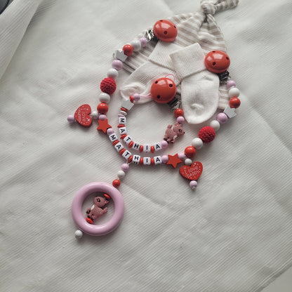 Kinderwagenkette & Schnullerkette mit Namen für Mädchen Rehe rosa rot
