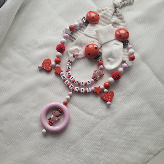 Kinderwagenkette & Schnullerkette mit Namen für Mädchen Rehe rosa rot
