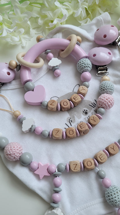 3tlg Set Schnullerkette Kinderwagenkette Greifling Rosa Wolke