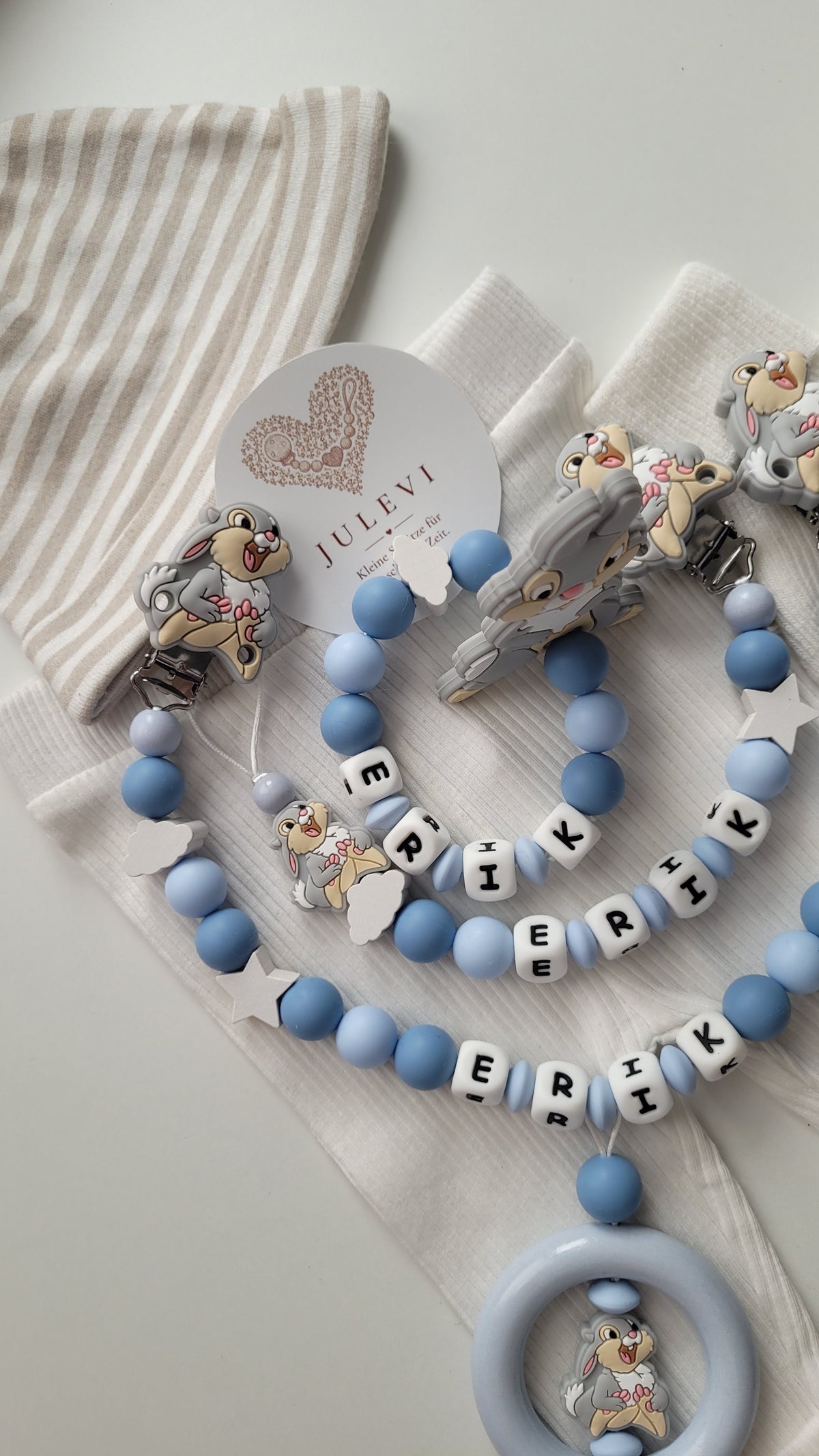 3tlg Set Schnullerkette Kinderwagenkette Beissring mit Namen Hase Wolken Sterne blau | personalisiert