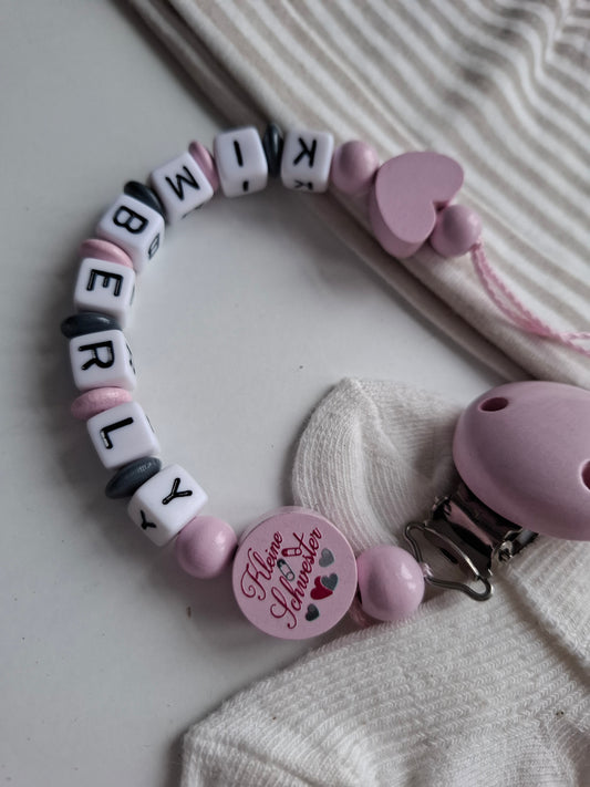 Schnullerkette mit Namen für Mädchen Kleine Schwester rosa grau personalisiert
