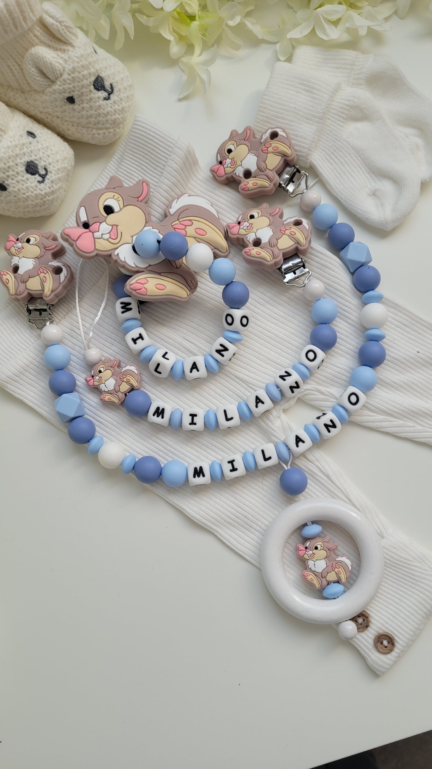 3tlg Set Schnullerkette Kinderwagenkette Greifling Hase blau