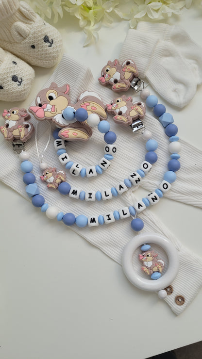 3tlg Set Schnullerkette Kinderwagenkette Greifling Hase blau