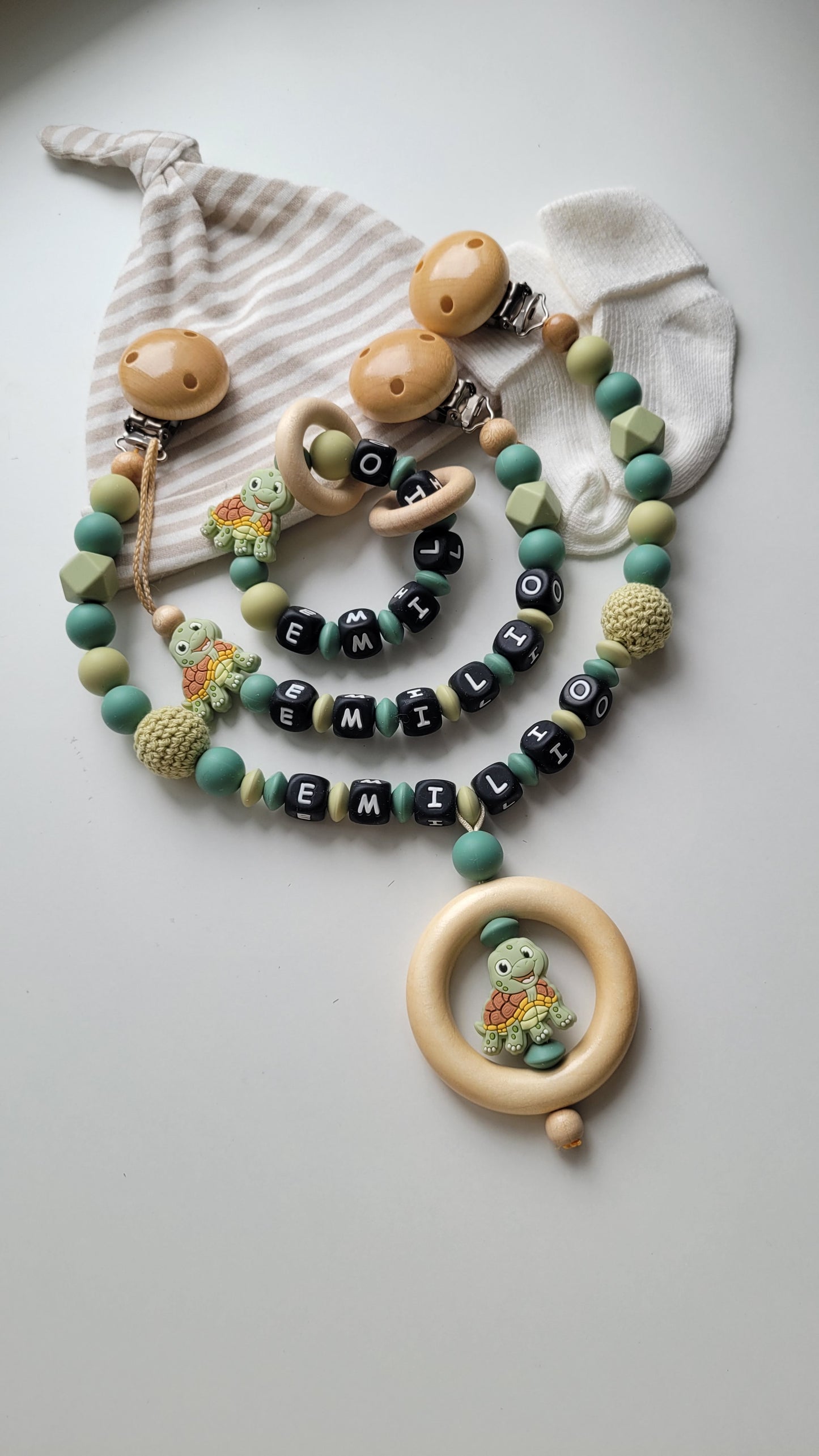 3er Set Schnullerkette Kinderwagenkette & Beissring mit Namen Schildkröte grün blaugrün