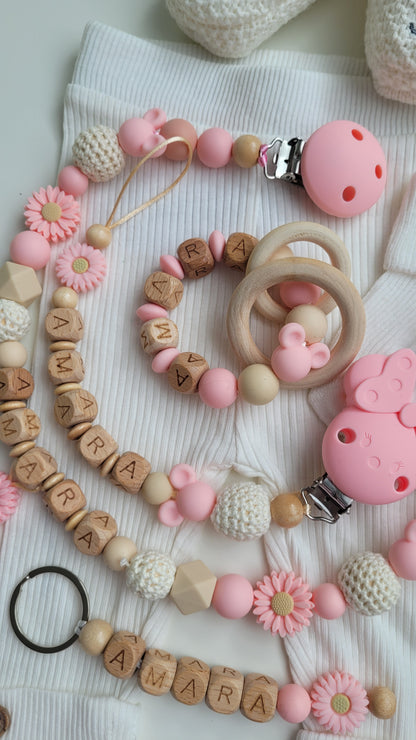 4tlg Traumset Schnullerkette Kinderwagenkette  Greifring und Schlüsselanhänger Maus apricot