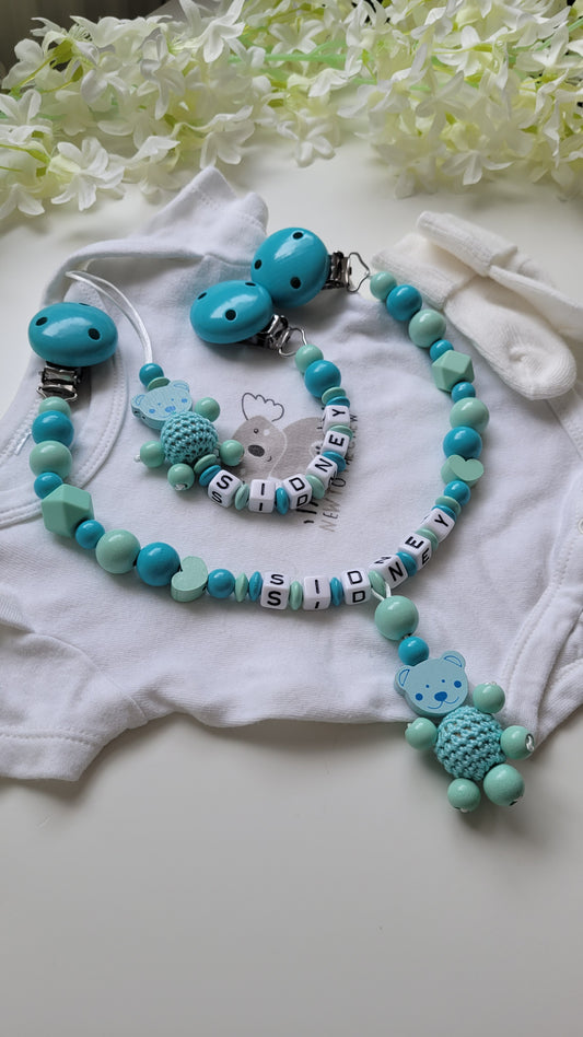 Kinderwagenkette & Schnullerkette mit Namen Teddy türkis mint