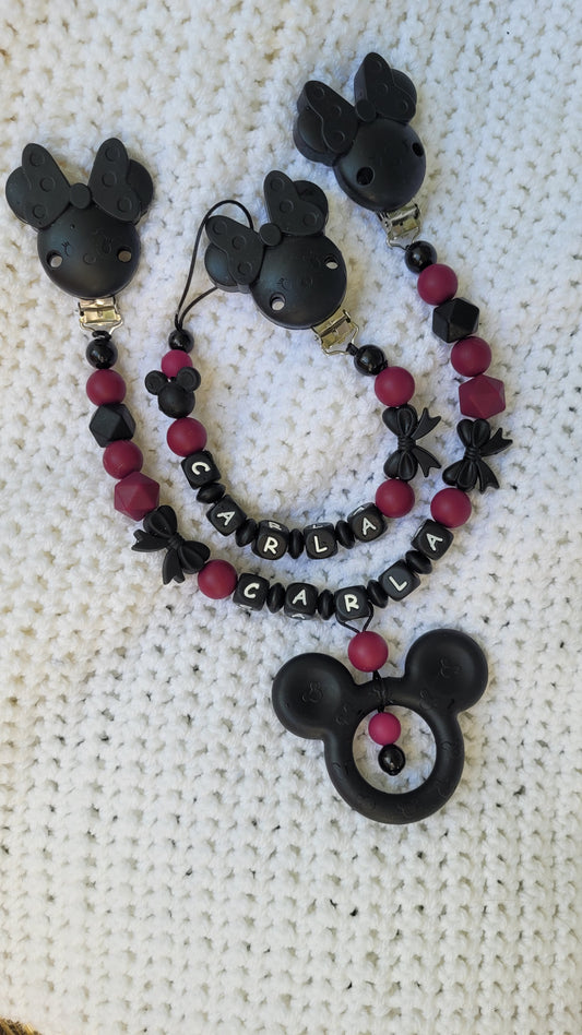 Kinderwagenkette & Schnullerkette mit Namen *Maus* weinrot schwarz