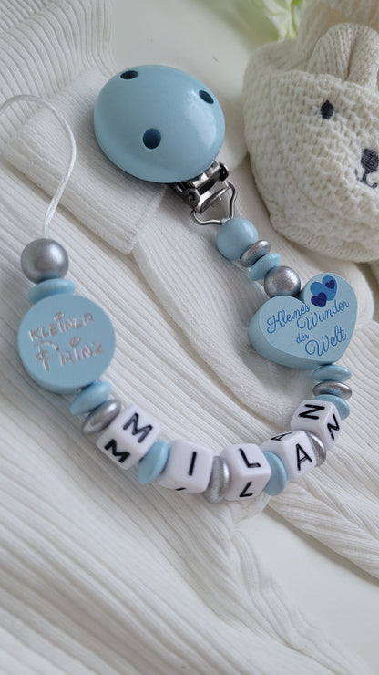 Schnullerkette mit Namen für Jungen Kleines Wunder der Welt & kleiner Prinz silber