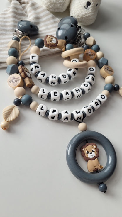 Schnullerkette Kinderwagenkette & Greifring mit Namen Löwe & Kleiner Prinz beige grau