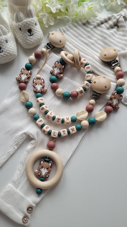 3tlg.Set Schnullerkette Kinderwagenkette & Greifring mit Namen Fuchs petrol beige