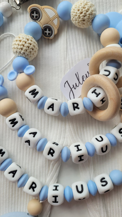 3er Set Schnullerkette Kinderwagenkette & Greifring mit Namen Auto Maus babyblau