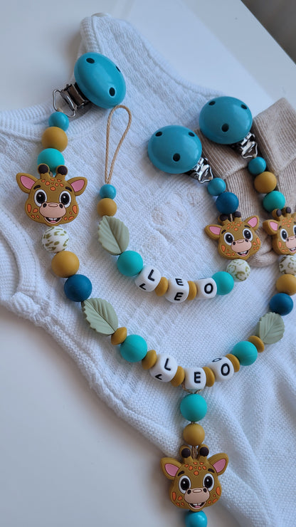 Kinderwagenkette & Schnullerkette mit Namen Giraffe türkis