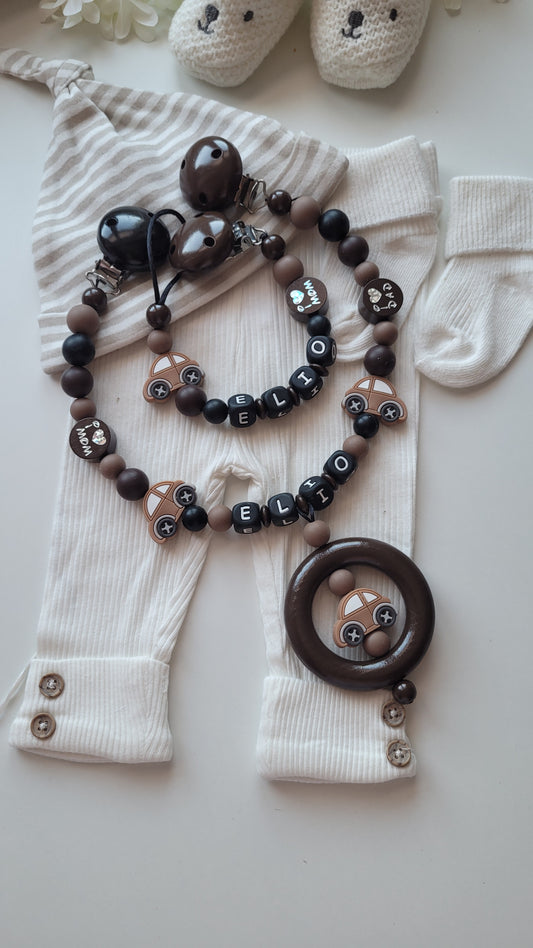 Kinderwagenkette & Schnullerkette mit Namen Auto braun schwarz