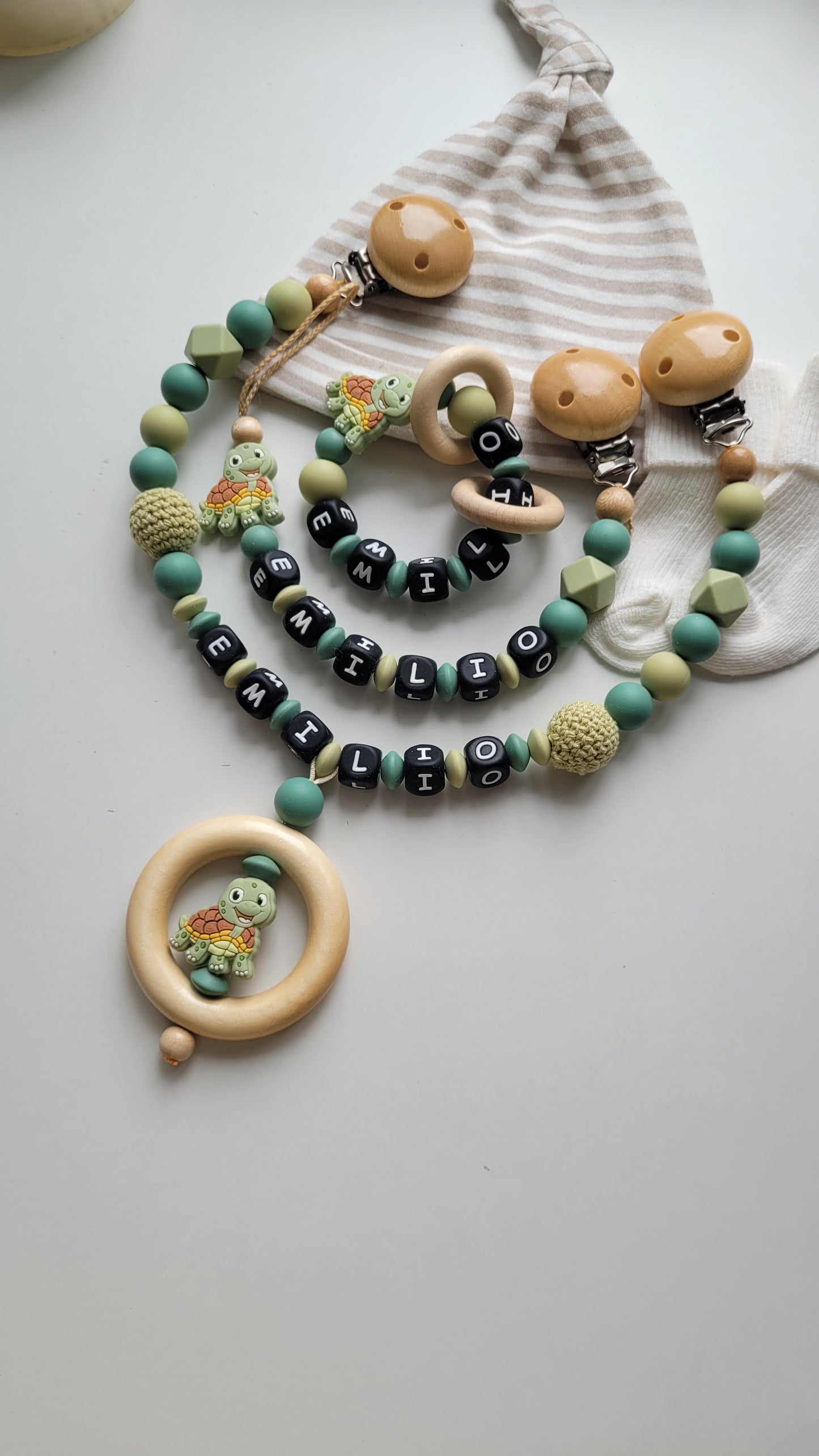 3er Set Schnullerkette Kinderwagenkette & Beissring mit Namen Schildkröte grün blaugrün
