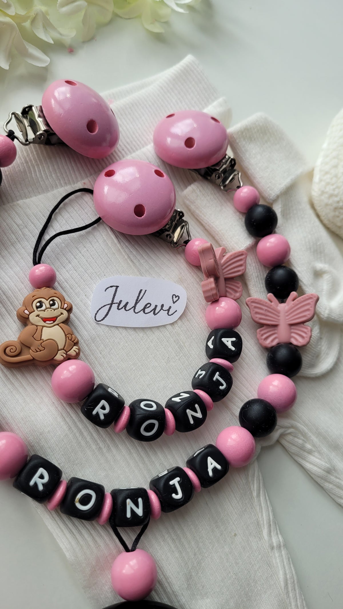 Kinderwagenkette & Schnullerkette Set mit Namen Affe Schmetterling schwarz blush Silikon Holz | personalisiert