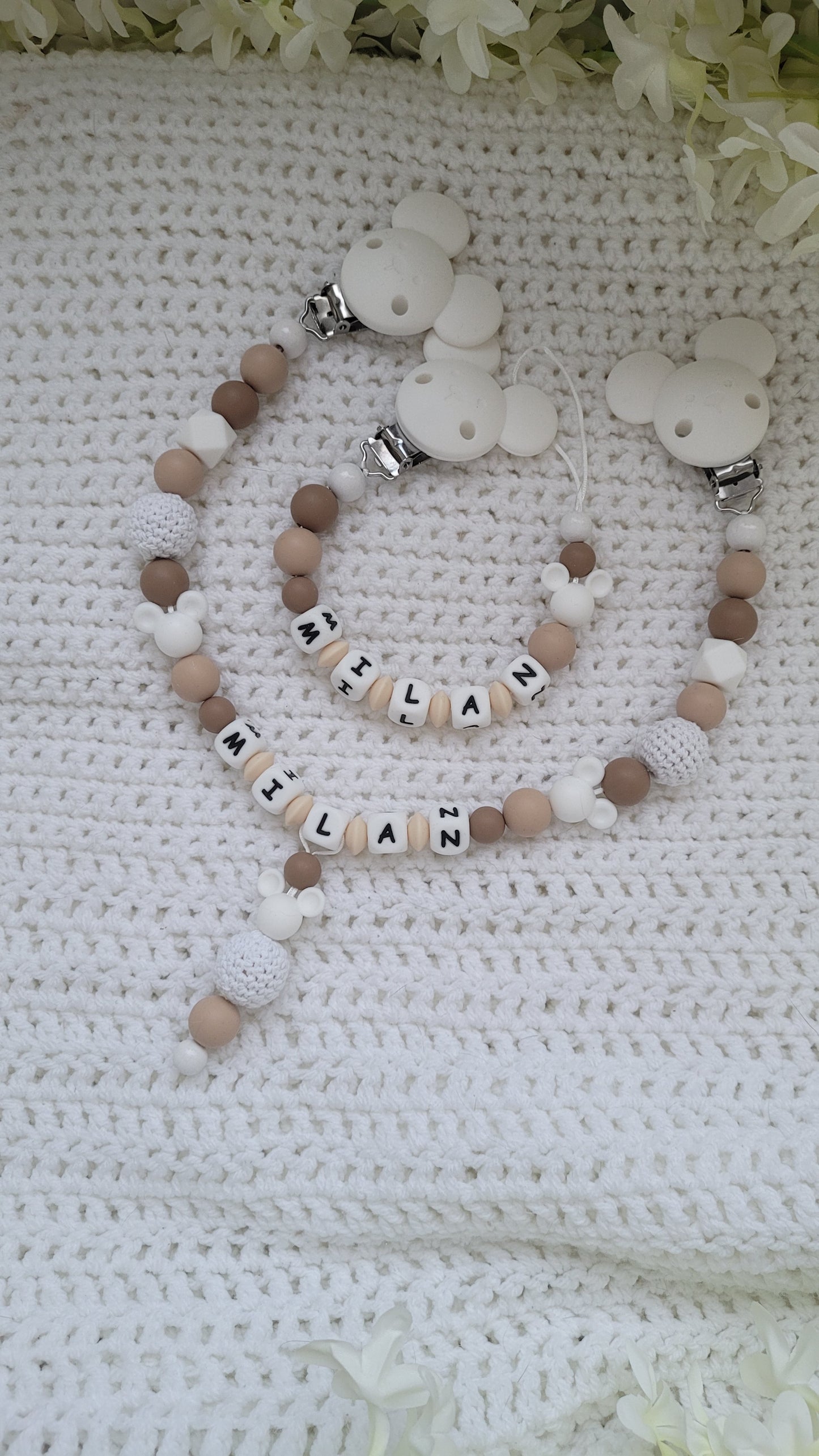 3tlg Set Schnullerkette Kinderwagenkette Greifling *Maus * beige weiss