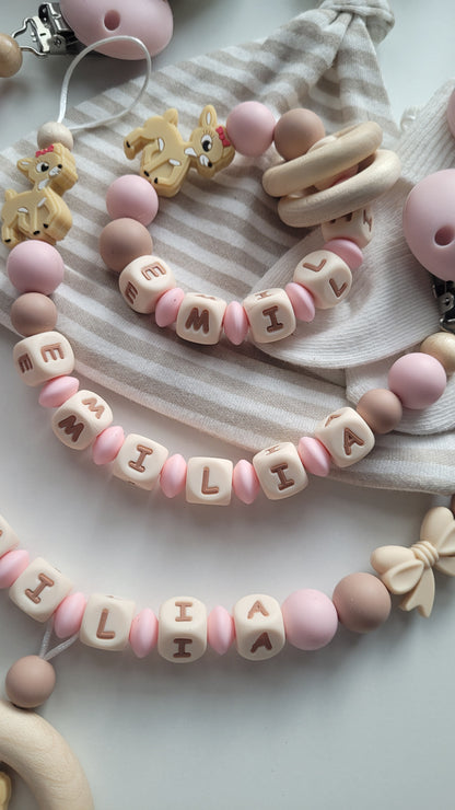 3er Set Schnullerkette Kinderwagenkette & Beissring mit Namen Reh & Schmetterlinge rosa taupe