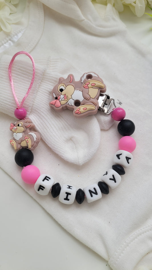 Schnullerkette mit Namen für Mädchen  Hase schwarz pink