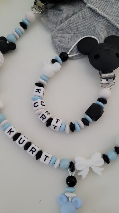 Kinderwagenkette & Schnullerkette * Maus* blau schwarz weiß