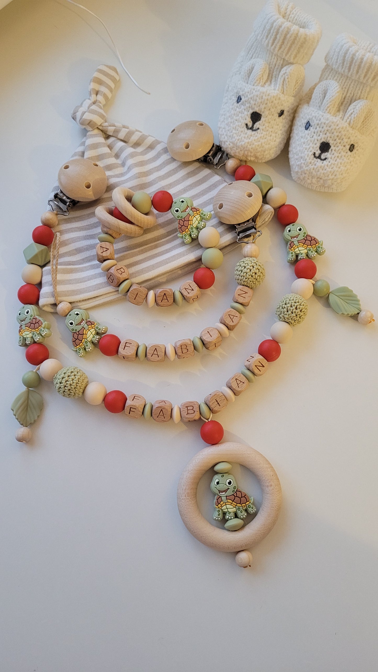 Schnullerkette Kinderwagenkette & Beissring mit Namen Schildkröte beige rost grün