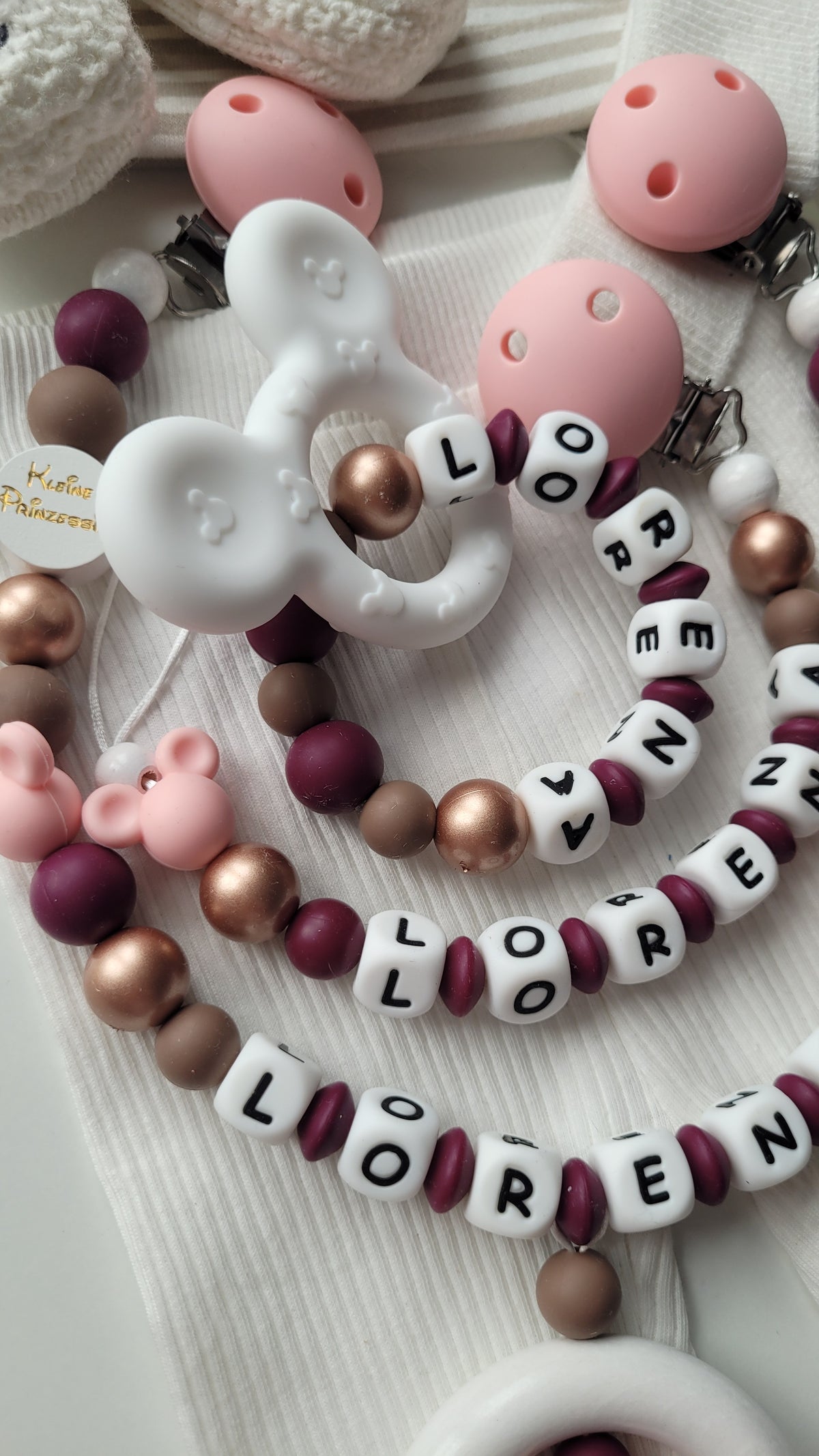 3er Set Kinderwagenkette & Schnullerkette mit Namen + Greifring für Mädchen Maus