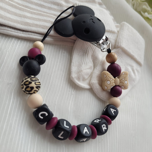 Schnullerkette mit Namen für Mädchen Maus & Schleife beige weinrot leo
