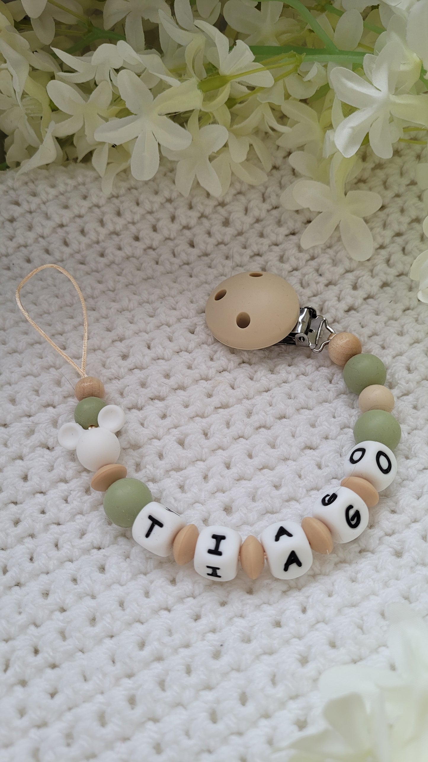 Schnullerkette mit Namen für Jungen Maus sanft grün  personalisiert mit Namen