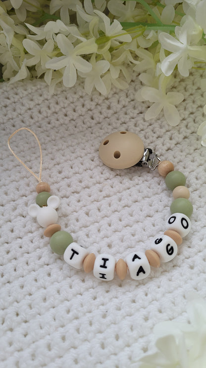 Schnullerkette mit Namen für Jungen Maus sanft grün  personalisiert mit Namen