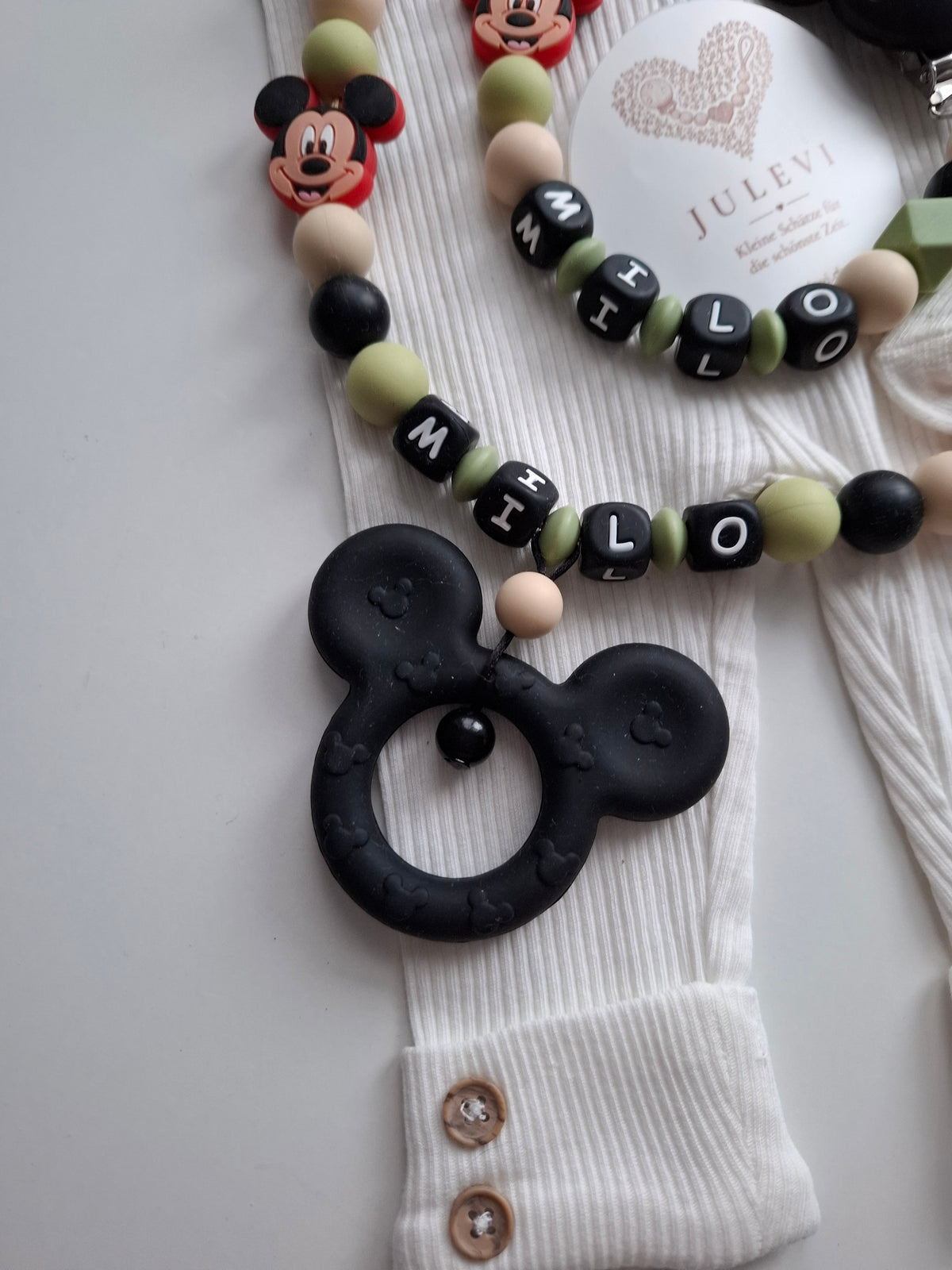 Kinderwagenkette & Schnullerkette Set mit Namen Maus schwarz grün beige personalisiert