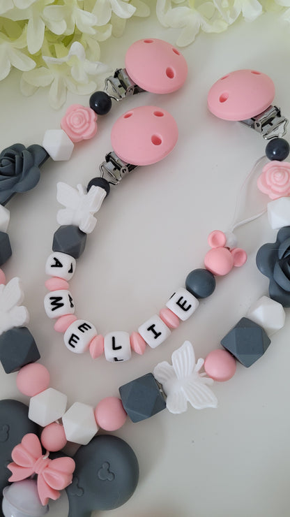 Kinderwagenkette & Schnullerkette Maus peach grau